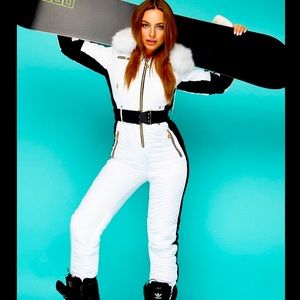 Women Ski jumpsuit white & black side stripe